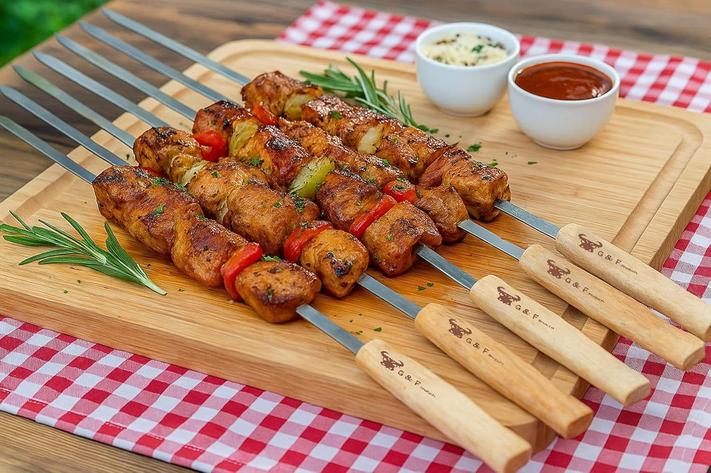 G & F Products Brazilian BBQ Skewers 16 Piece Set Stainless Steel Kabob Sticks 17-Inch Flat Blade with Hardwood Handles Reusable Commercial Grade for Grilling Meat Kebab and Outdoor Cooking