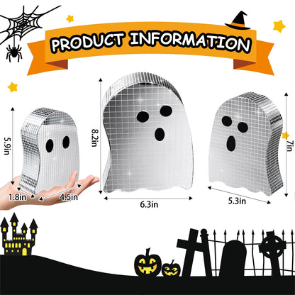 3 Pcs Halloween Disco Ghost Decor,5.9" 7" 8.2" Ghost Mirror Disco Ball Indoor Glitter Spooky Ghost Sign Halloween Tiered Tray Decor Mosaic Table Centerpiece for Party Gift (Silver)