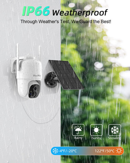 MaxiViz 2K Solar Camera Security Outdoor, 100% Wire-Free Security Cameras Wireless Outdoor with Solar Panel, 360° Panoramic View, Color Night Vision, AI Motion Detection, IP66 Weatherproof, 2 Pack