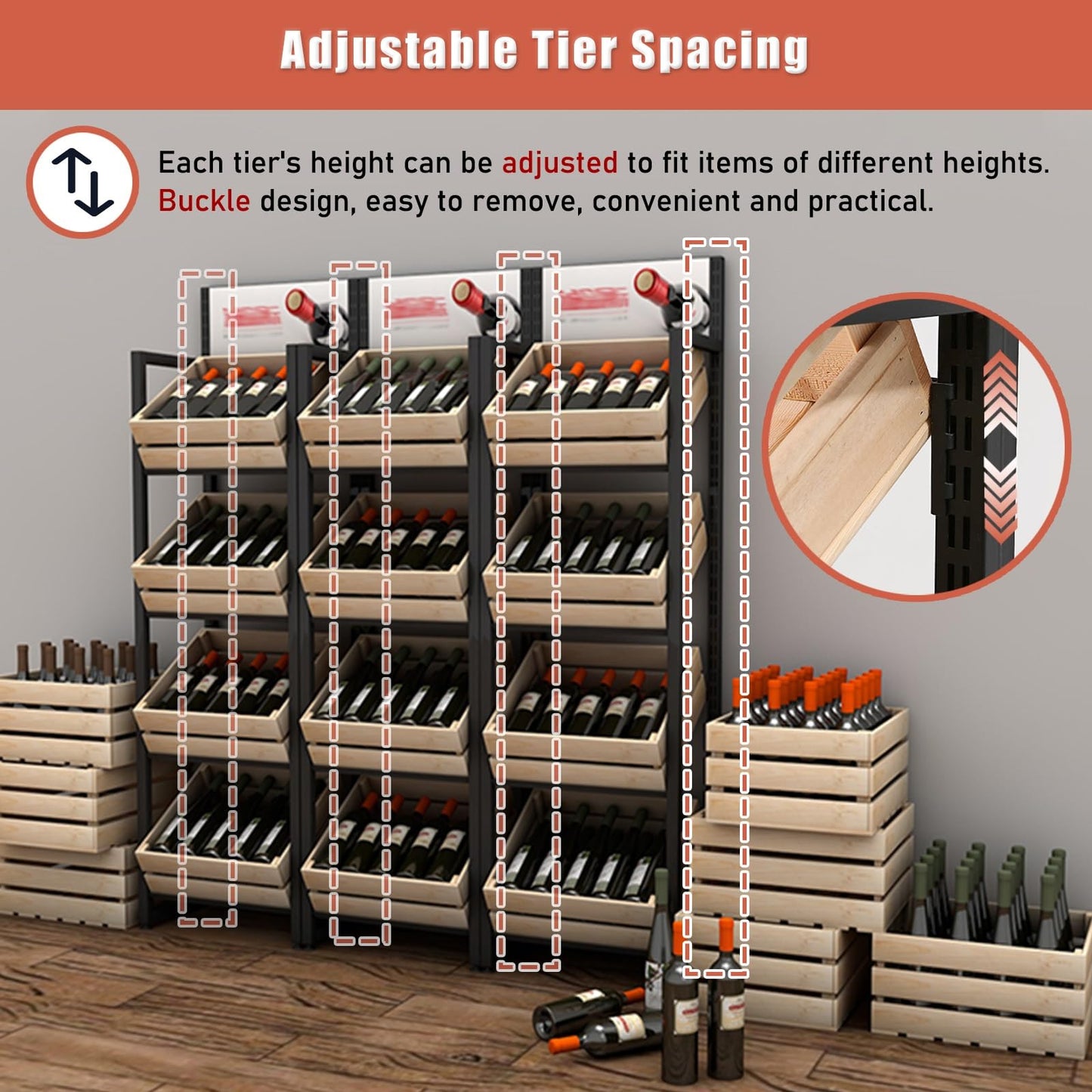ZJKXJH 4 Tier Wood Fruit and Vegetable Basket Stand Rack, Commercial Produce Potatoes and Onions Floor Storage, Detachable Supermarket Retail Display Holder/Wine Shelf(Black Rack+Wooden Basket)