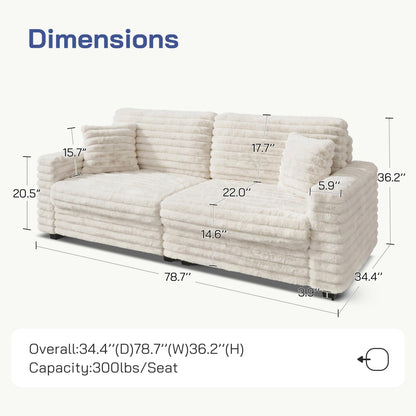 Leathaire Plush Corduroy Sofa, Faux Fur Corduroy Loveseat, Oversized Deep Seat Sofa with 2 Pillows, Apartment and Small Space Sofas, Beige