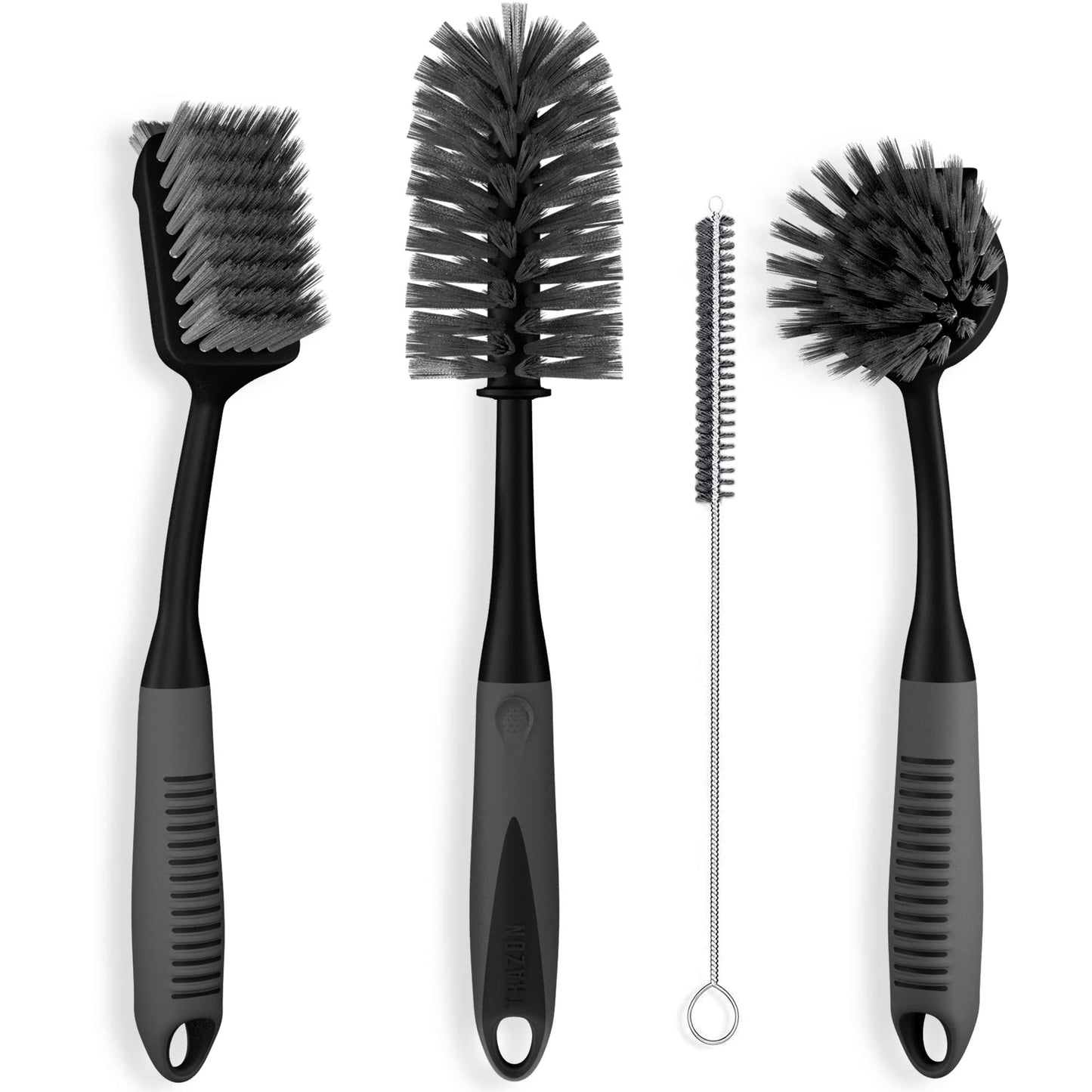 Dish Brush Set of 4 - Kitchen Scrub Brushes with Non-Slip Long Handle for Cleaning, Scrubber, Dishwashing, Dishes, Bottles, Straws, Cups, Pots & Sink, Black