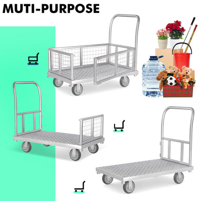 4-in-1 Platform Truck Cart with Cage, Multi-Purpose Heavy Duty Steel Flatbed Cart with 2200lbs Capacity Platform Hand Truck 6" Wheels Push Cart Dolly for Groceries, Garage, Warehouse (41“L x 24" W)