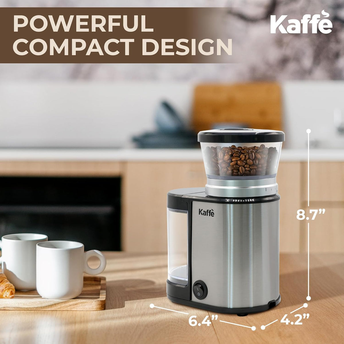 Kaffe Electric Burr Coffee Grinder (5.5oz) with Adjustable Coarseness Settings, Precision Coffee Bean Grinder (Silver)