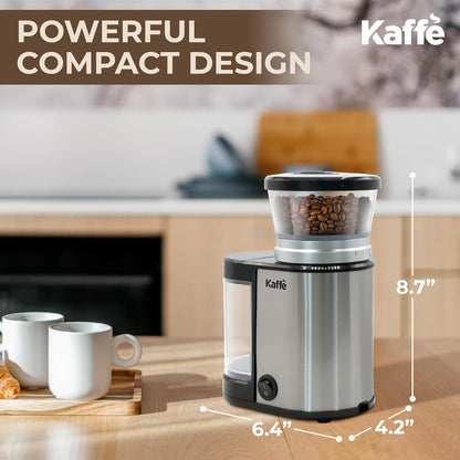 Kaffe Electric Burr Coffee Grinder (5.5oz) with Adjustable Coarseness Settings, Precision Coffee Bean Grinder (Silver)