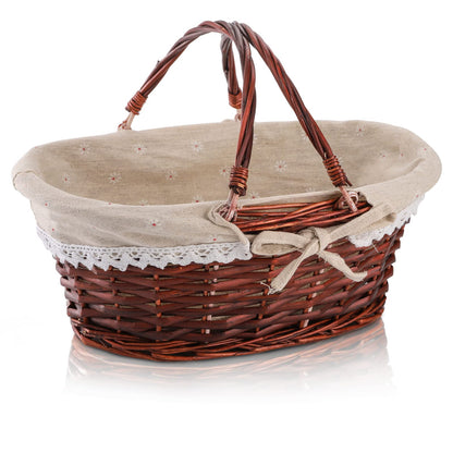 Dicunoy Wicker Basket with Handle, Picnic Baskets with Liner, Empty Gift Gardening Baskets for Harvesting, Willow Organizer Storage Basket for Fruit, Candy, Wine, Gathering, Wedding