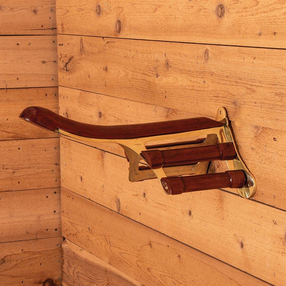 EASY-UP Berlin Brass English & Dressage Saddle Rack | Horse Tack Room Addition | Solid Brass Framing | Lacquered Wood Grain Overlay | Wall Mounted | 11-3/4" Wide x 8-1/2" Tall x 20.5" Long