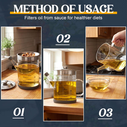 Didaey 6.25 Cups / 1.5L Glass Fat Separator Bacon Oil Container with Strainer 50 oz Separator for Kitchen Cooking Grease Strainer Frying Oil Storage Can Transparent Silicone Bottom and Stopper