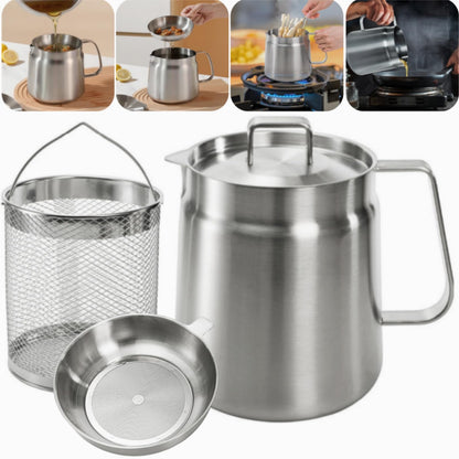 ZAVOOS 304 Stainless Steel Oil Filter Pot, 68 Oz Deep Fryer Pot with Strainer Basket, Versatile Large Capacity Bacon Grease Container Cooking Oil Saver for Kitchen, Restaurant, Camping