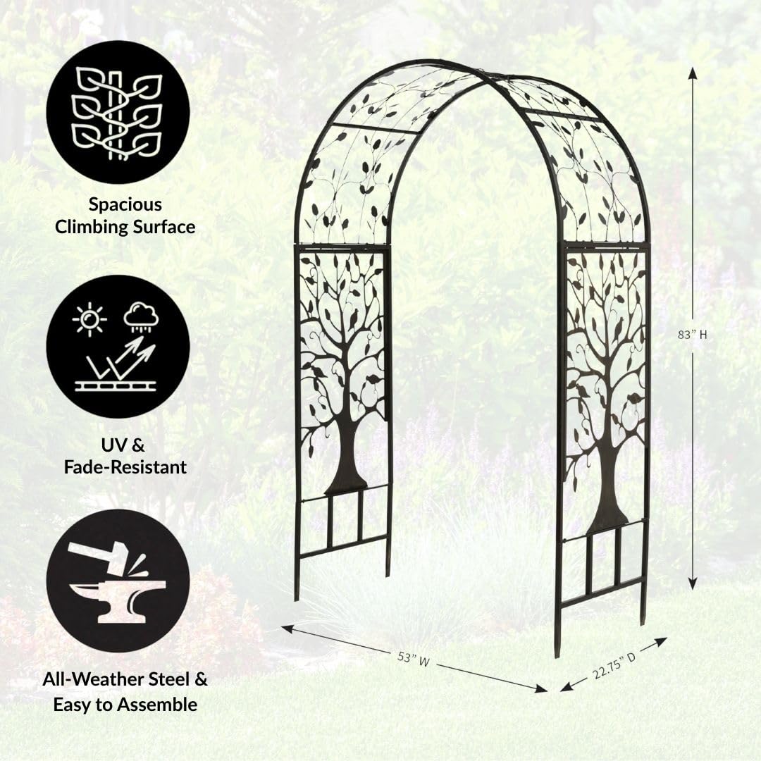 Plow & Hearth Arch Metal Outdoor Garden Arbor | Tree of Life | 83 Inches Tall | Black | Steel Trellis Lattice for Plants & Heavy Vines | Wedding | Outdoor Patio Décor