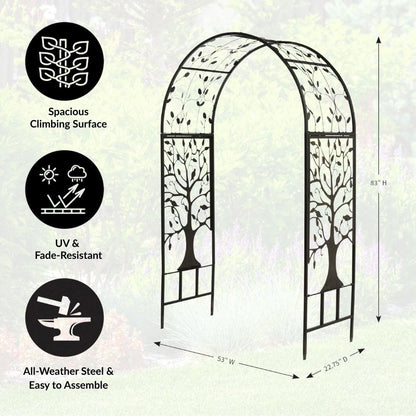 Plow & Hearth Arch Metal Outdoor Garden Arbor | Tree of Life | 83 Inches Tall | Black | Steel Trellis Lattice for Plants & Heavy Vines | Wedding | Outdoor Patio Décor