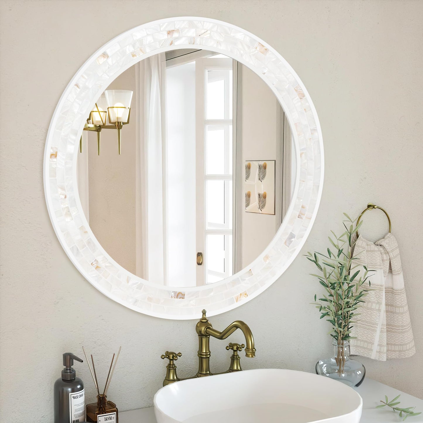 Tanmicoshomy Round Wall Mirror 24 Inch,Circle Mosaic Mirror with Natural Mother of Pearl and Wood Frame, Decorative Coastal Round Wall Mirror for Bathroom Bedroom Living Room Entryway