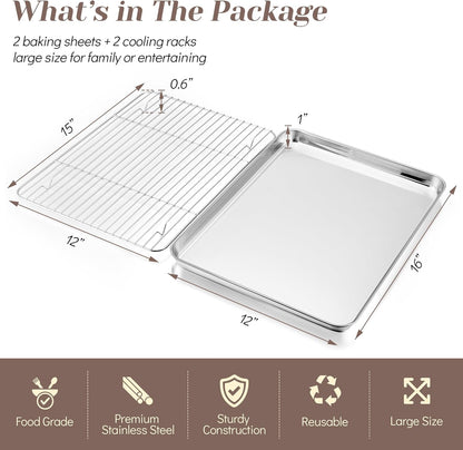 TeamFar Baking Sheet Set - Stainless Steel Cookie Pans with Racks | Non-Toxic, Easy Clean, Dishwasher Safe - 4 Pack