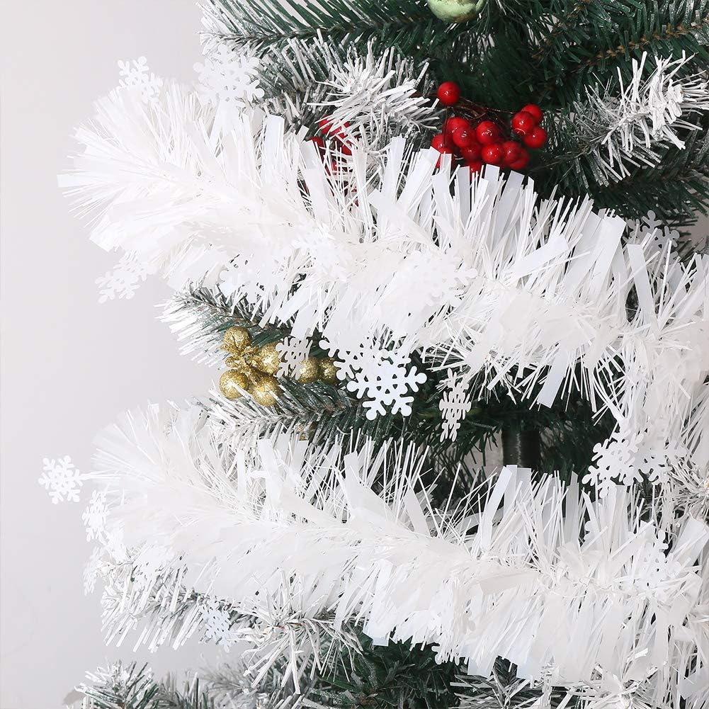 CCINEE 33FT Christmas Tinsel Garland, White Metallic Twist Garland with Snowflakes for Home Decoration