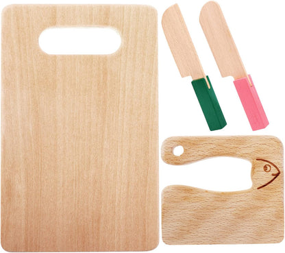 4 Pcs Wooden Kids Knives Cooking Utensils, Safe Knives with Rectangle Cutting Board for Kitchen Cooking