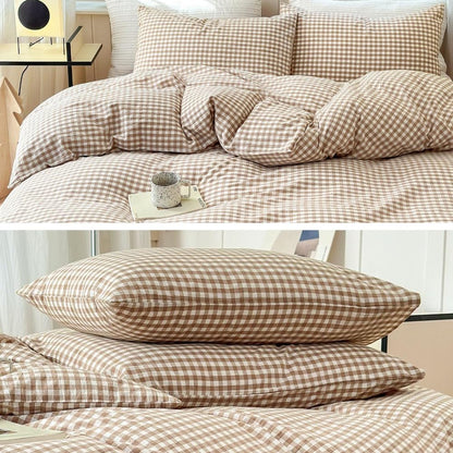 Tan Gingham Pillowcases Set Farmhouse Standard Size Pillow Shams Buffalo Taupe Plaid Pillowcases Set of 2, Grid Checkered Gingham Washed Cotton Pillow Covers with Envelope Closure, 20"×26"