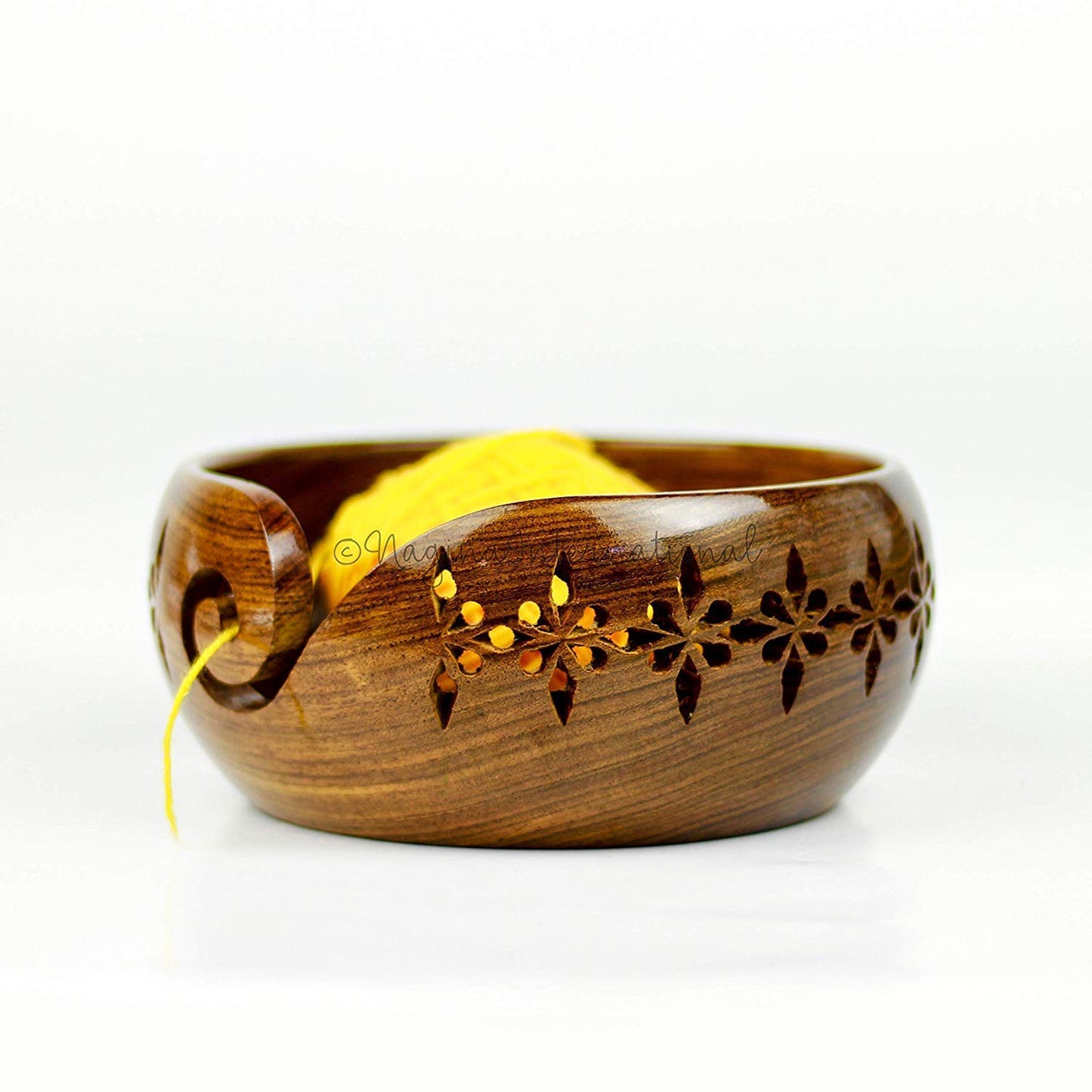 Nagina International Rosewood Crafted Wooden Yarn Storage Bowl With Carved Holes & Drills | Knitting Crochet Accessories (Medium)