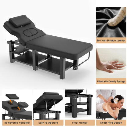 Heavy Duty Stationary Massage Table with Adjustable Backrest, Wide Spa Facial Bed with Metal Frame & PU Leather, Professional Massage Therapy Bed for Spa Salon Tattoo Physical Therapy Clinic (Black)