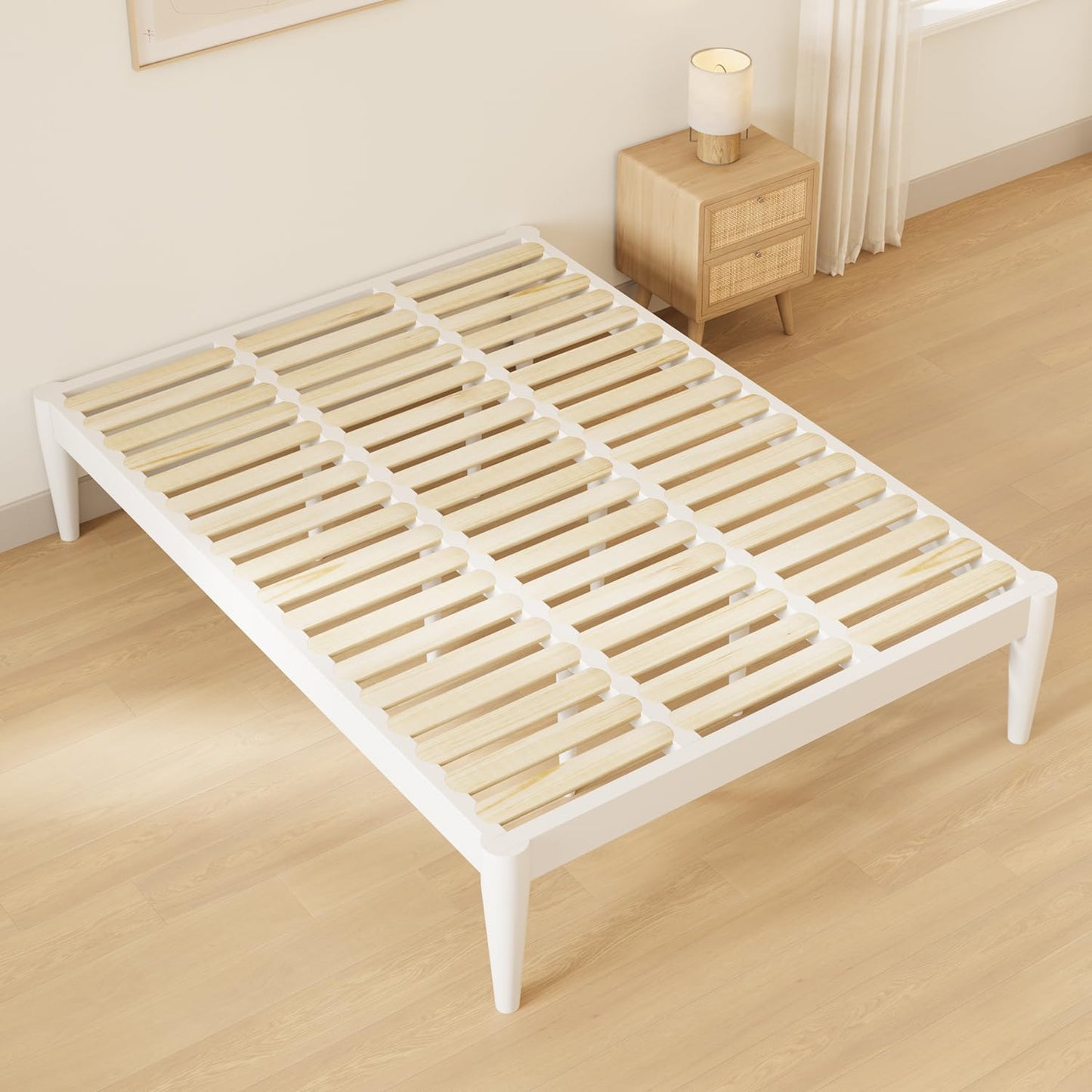 IOTXY Full Platform Bed Frame - Solid Wood 16-Inch Height Mattress Foundation Base with Densely Slats and Heavy-Duty Support Legs, No Box Spring Needed, White