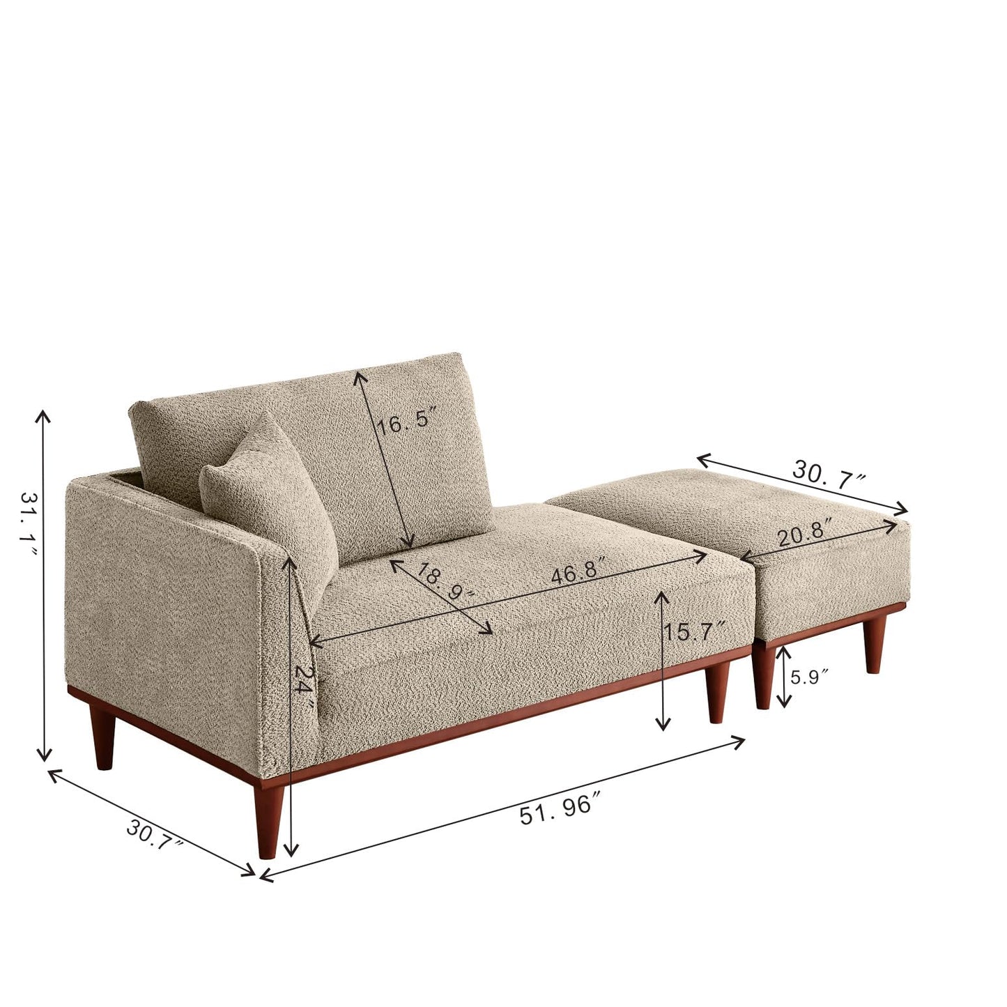 ERYE Right Facing Boucle Upholstered Chaise Lounge with Ottoman and Wooden Accent, Modern Minimalist Chaise Lounge Single Leisure Recliner Daybed for Living Room Bedroom