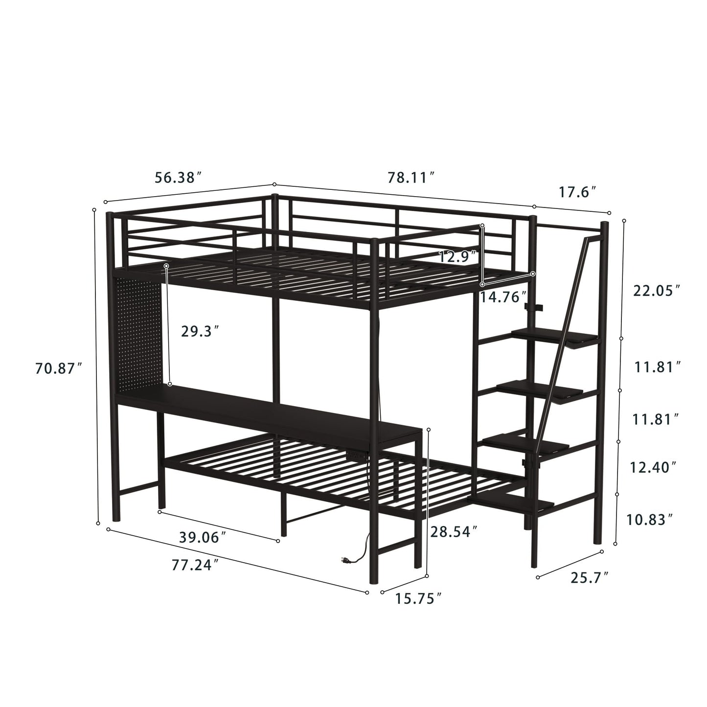 KEIKI Full Over Twin Bunk Bed with Charging Station, Metal Loft Bed with Desk & Safety Guard & Stairs, Metal Bed Frame for Kids, Teens, Adults, Black