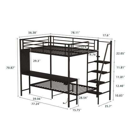 KEIKI Full Over Twin Bunk Bed with Charging Station, Metal Loft Bed with Desk & Safety Guard & Stairs, Metal Bed Frame for Kids, Teens, Adults, Black