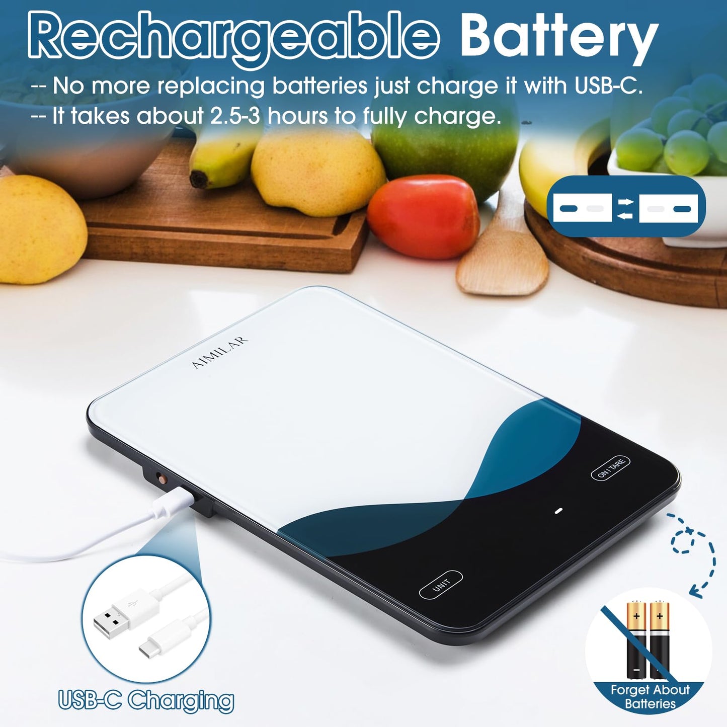 AIMILAR Bluetooth Kitchen Scale 10kg/22lb - Smart Nutrition Food Scale with App Calorie & Macro Tracker, Nutritional Analysis, USB-C Rechargeable, Tempered Glass, LED Display, Tare, g/lb:oz/oz/ml
