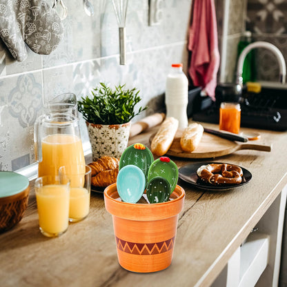 Coloch 5Pcs Ceramic Measuring Spoons in Pot, Cactus Shape Baking Measuring Spoons and Cup Decorative Cactus Figurine Measuring Spoon Set for Baking, Milk, Sugar, Salt