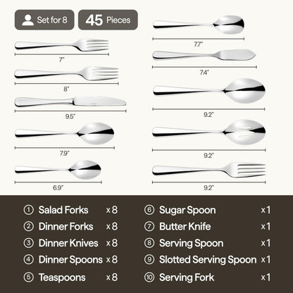 Luciella Tropea Polished Flatware Set for 8, 45-Piece Premium 18/10 Stainless Steel Silverware Set with Serving Utensils, Modern Mirror Finish, Rust Resistant, Dishwasher Safe, House Warming Gifts