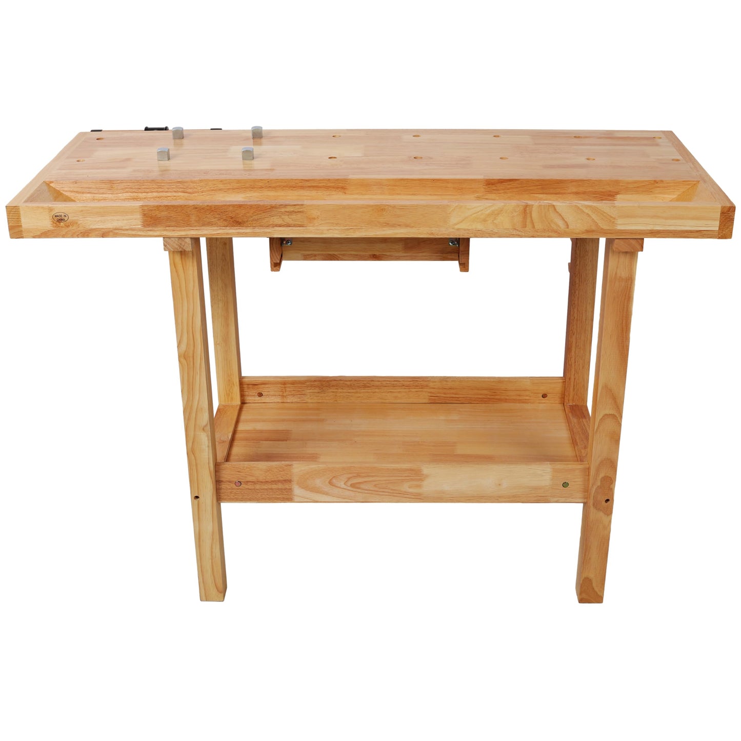 ABH 48 Inches Wood Workbench Heavy Duty Woodworking Table with Adjustable Handle Storage Shelf, 330lbs Capacity Solid Wood Workstation for Garage, Workshop, Improvement (Natural)