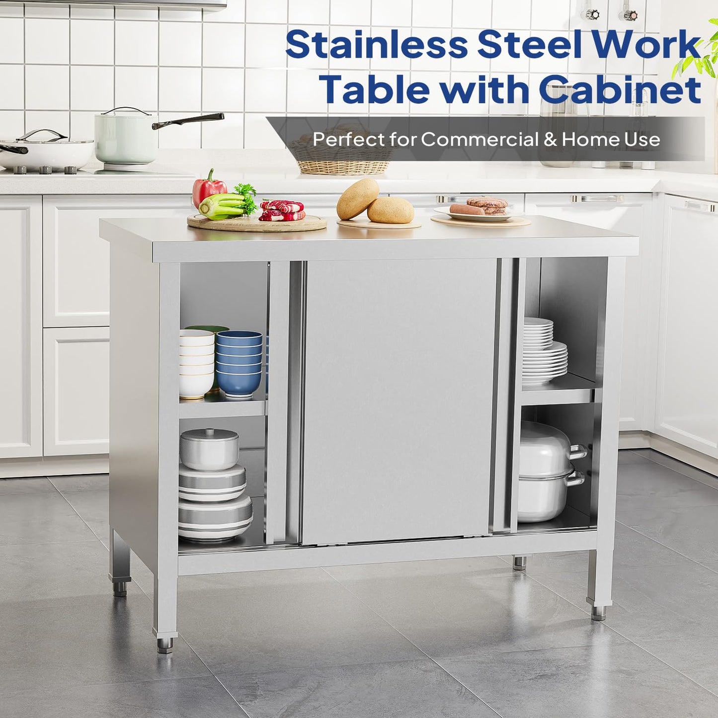 ROVSUN Stainless Steel Table with Cabinet 39 x 19 inches, NSF Commercial Heavy Duty Kitchen Table for Prep & Work, Kitchen Cabinet with 2 Sliding Doors for Restaurant, Home, Hotel, Garage, Laundry