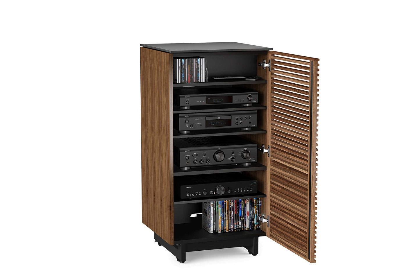 BDI Furniture Corridor 8172-22'' Audio Cabinet with Flow-Through Ventilation, Cable Management, Adjustable Shelves, Louvered Doors, Satin-Etched Tempered Glass Top, Natural Walnut
