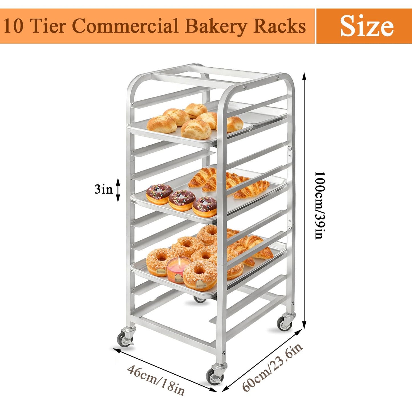 Zocgioe 10/20Tier Bun Pan Rack, Commercial Bakery Racks with Brake Wheels, Bread Baking Speed Rack for Cooling, Kitchen Tiered Rolling Cart, for Kitchen, Restaurant, Cafeteria, Pizzeria,10Tier