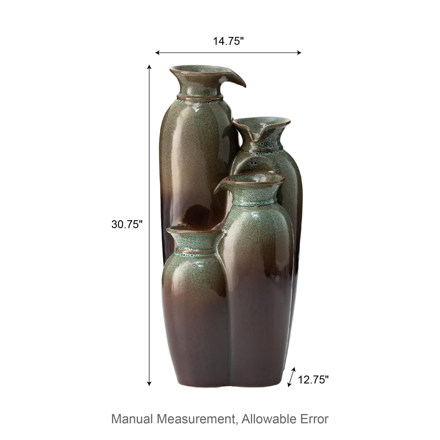 Glitzhome 30.75" H Vase Ceramic Outdoor Water Fountain with LED Lights and Pump, 4-Tier Olive Green and Brown Reactive Glaze Cascading Pots Standing Fountain for Porch Deck Garden Patio Backyard