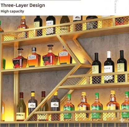 79in Wall Mounted Liquor Shelves with LED Lights, Industrial Metal Wall Bar Rack with Wine Glass Holder, Large Bottle Display Shelf for Home Kitchen (Gold)