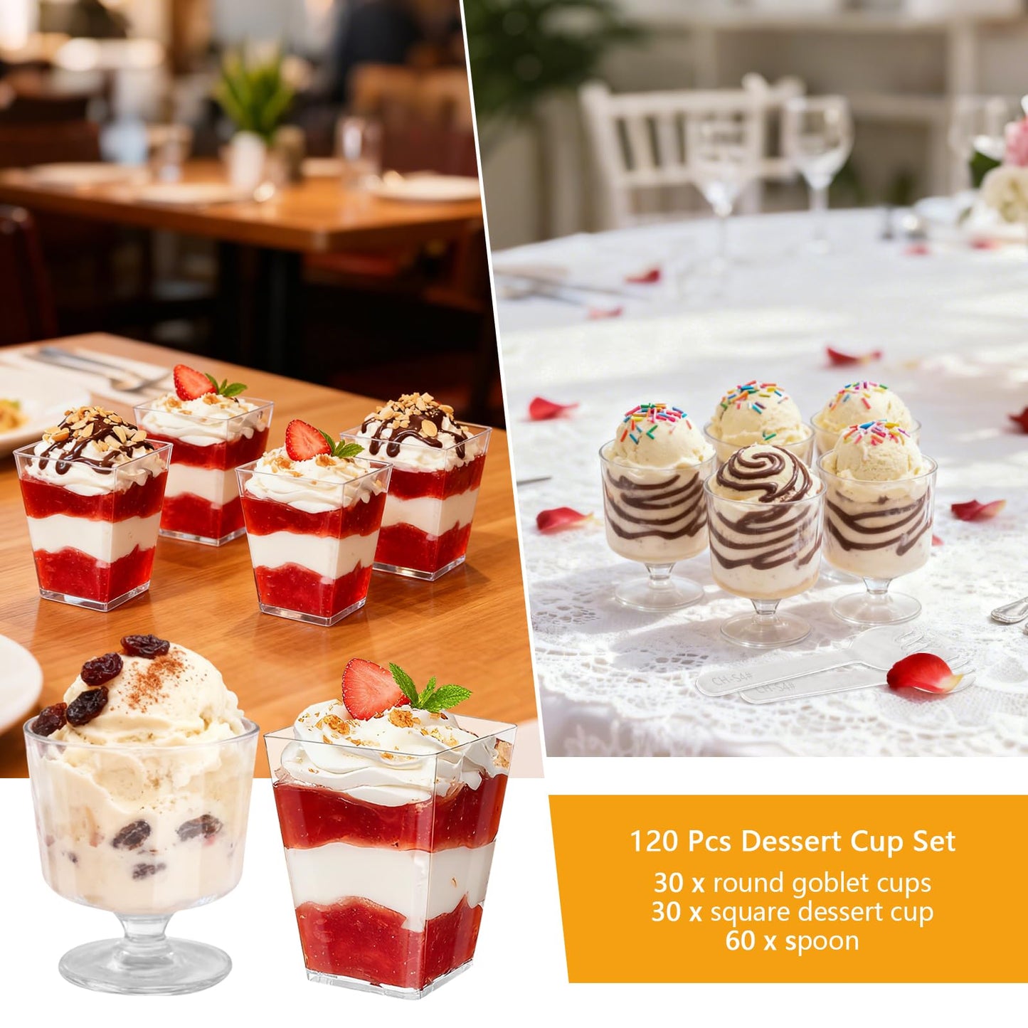 SIJDIEE 120 Pcs Plastic Dessert Cups with Spoons, 5 OZ Mini Clear Plastic Dessert Parfait Cup, Reusable Square Dessert Shot Glasses and Round Goblet for Party Ice Cream Cake Yogurt Fruit Pudding