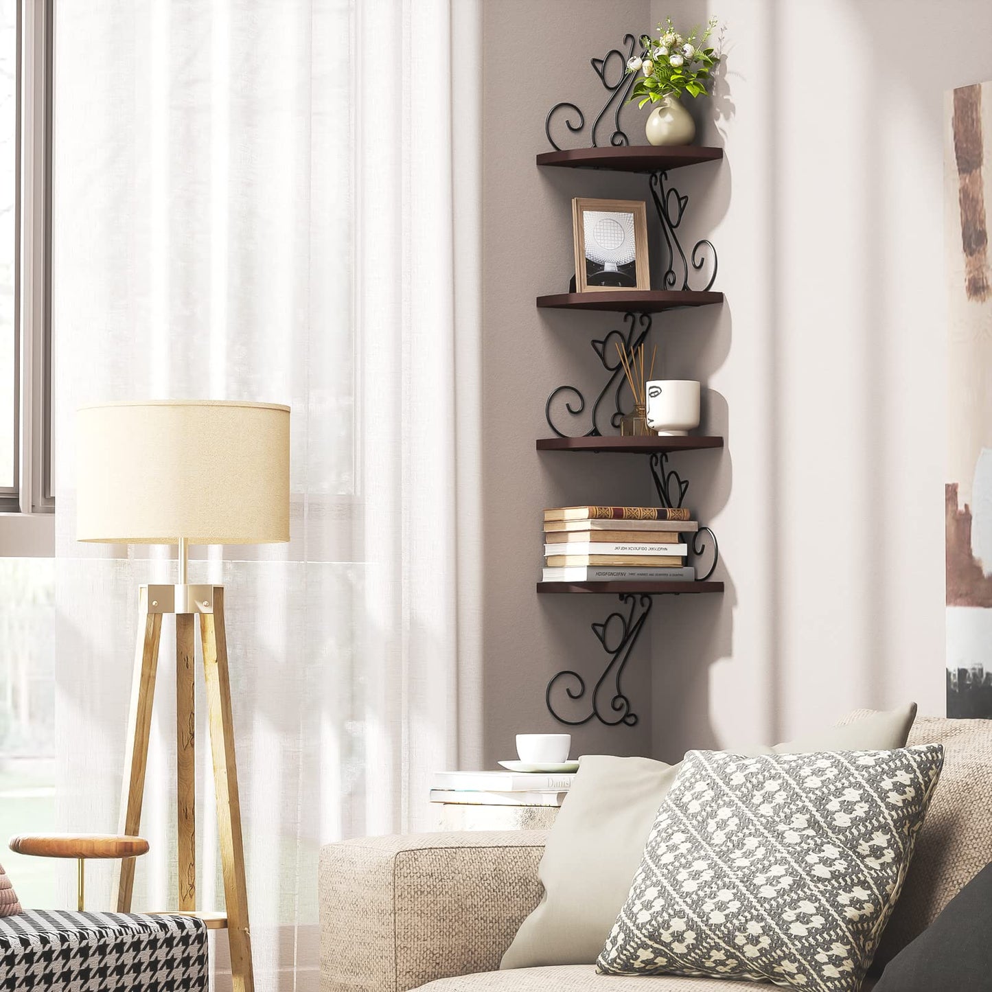 Alsonerbay Corner Shelf Wall Mount, 4 Tier Floating Shelves for Wall, Easy-to-Assemble Wall Shelves Rustic Wood Decor for Bedroom Living Room Bathroom Kitchen Office, Walnut Finish