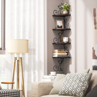 Alsonerbay Corner Shelf Wall Mount, 4 Tier Floating Shelves for Wall, Easy-to-Assemble Wall Shelves Rustic Wood Decor for Bedroom Living Room Bathroom Kitchen Office, Walnut Finish