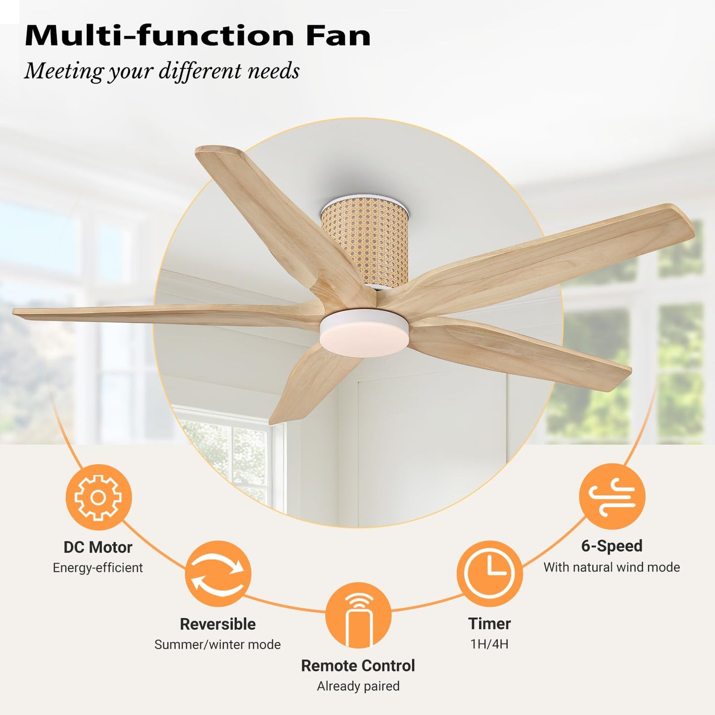 LEDLUX 54" Ceiling Fan with Light - Low Profile Flush Mount Ceiling Fan, 6-Speed Remote Control, Solid Wood, Quiet Reversible DC Motor, Wood/White Finish, for Bedroom, Living Room, Porch