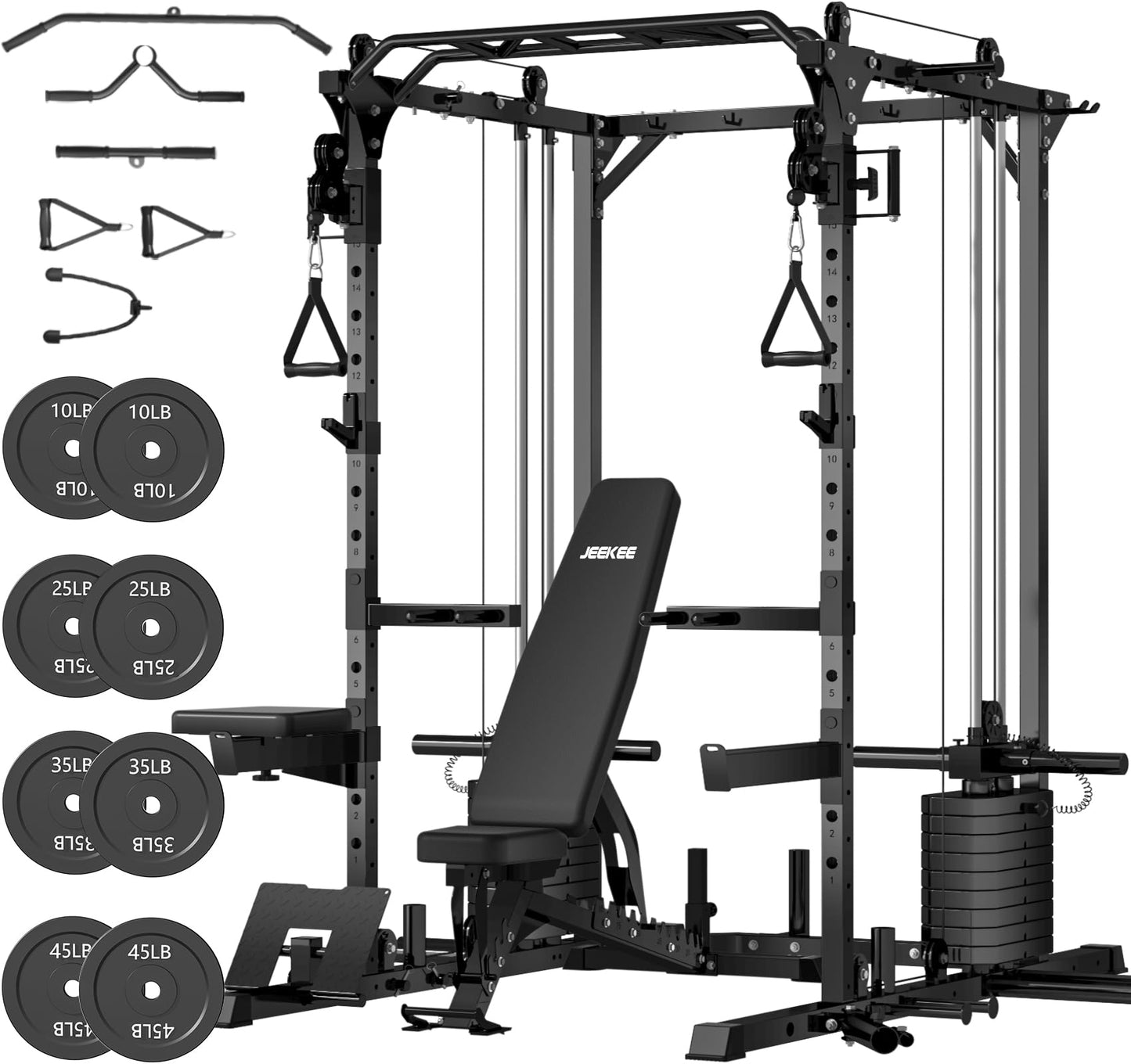 JEEKEE Power Cage with Cable Crossover System, 2200LB Heavy Duty Power Rack with Dual Pulley, 180LB Weight Stack, LAT Pulldown, 20+ Attachments for Home Gym,Black