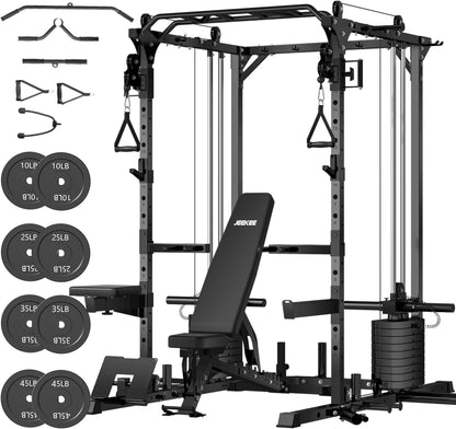 JEEKEE Power Cage with Cable Crossover System, 2200LB Heavy Duty Power Rack with Dual Pulley, 180LB Weight Stack, LAT Pulldown, 20+ Attachments for Home Gym,Black