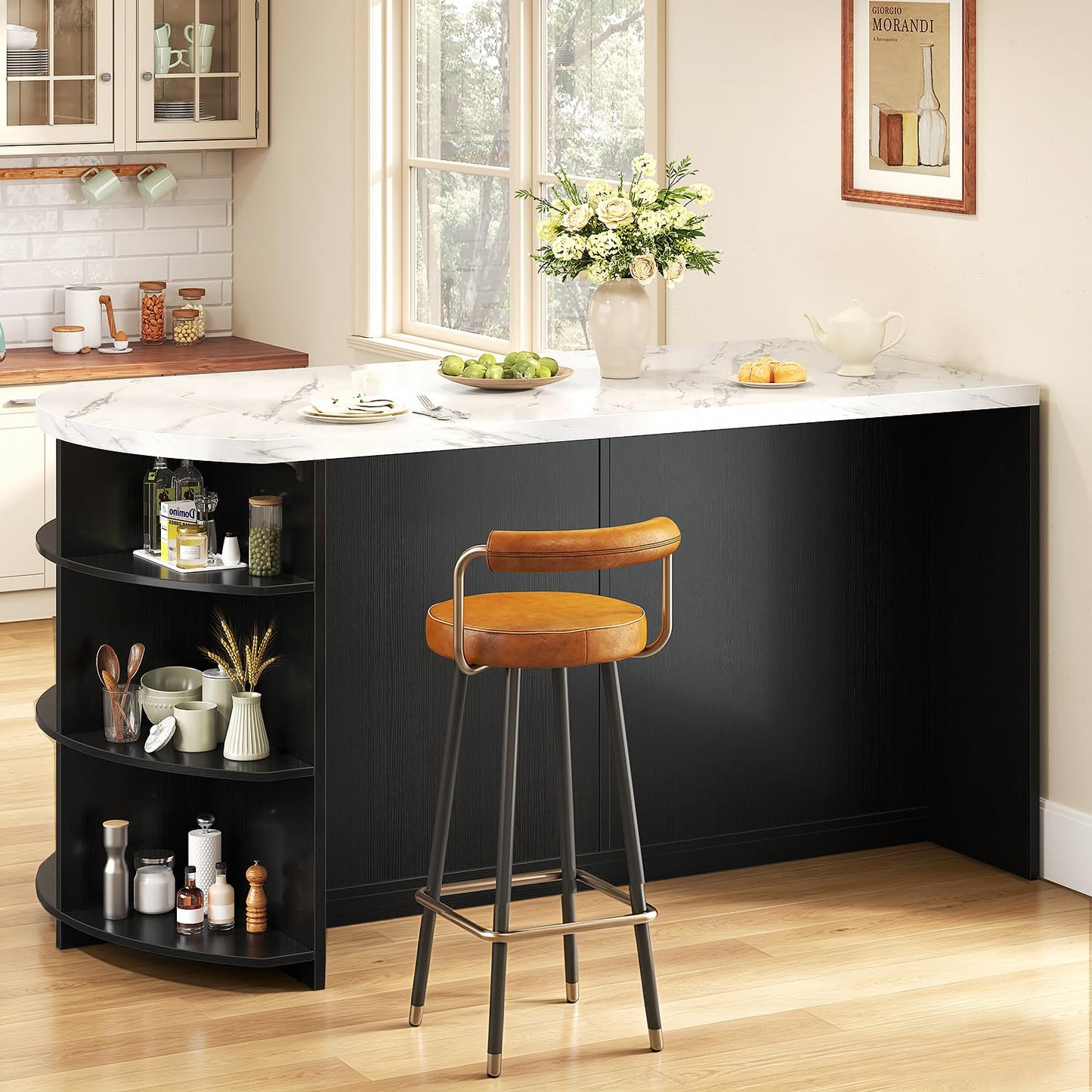 HSH 63” Large Kitchen Island with Seating, White Faux Marble Island Table with 2 Storage Drawers, Cabinets, 3 Open Shelves, Modern Counter Height Stationary Island Prep Table for Kitchen Dining Room