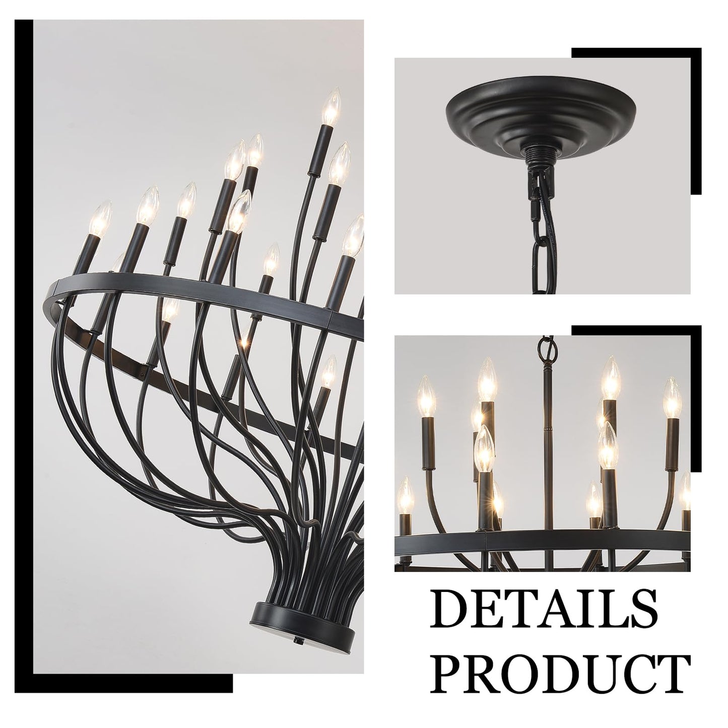 HHR 48-Inch Farmhouse Foyer Chandelier Entryway High Ceiling, 33-Light Candle Chandelier Light Fixtures Modern Black Chandeliers for Dining Room Bedroom Hallway Kitchen Living Room