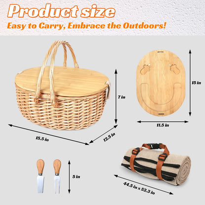 Hap Tim Dual Wicker Picnic Basket Set with Blanket for 2 - Unique Gifts Ideas for Couple, Engagement, Wedding, Bridal Shower, Family, Christmas - White Elephant Gifts for Adults（Y2408A-2）