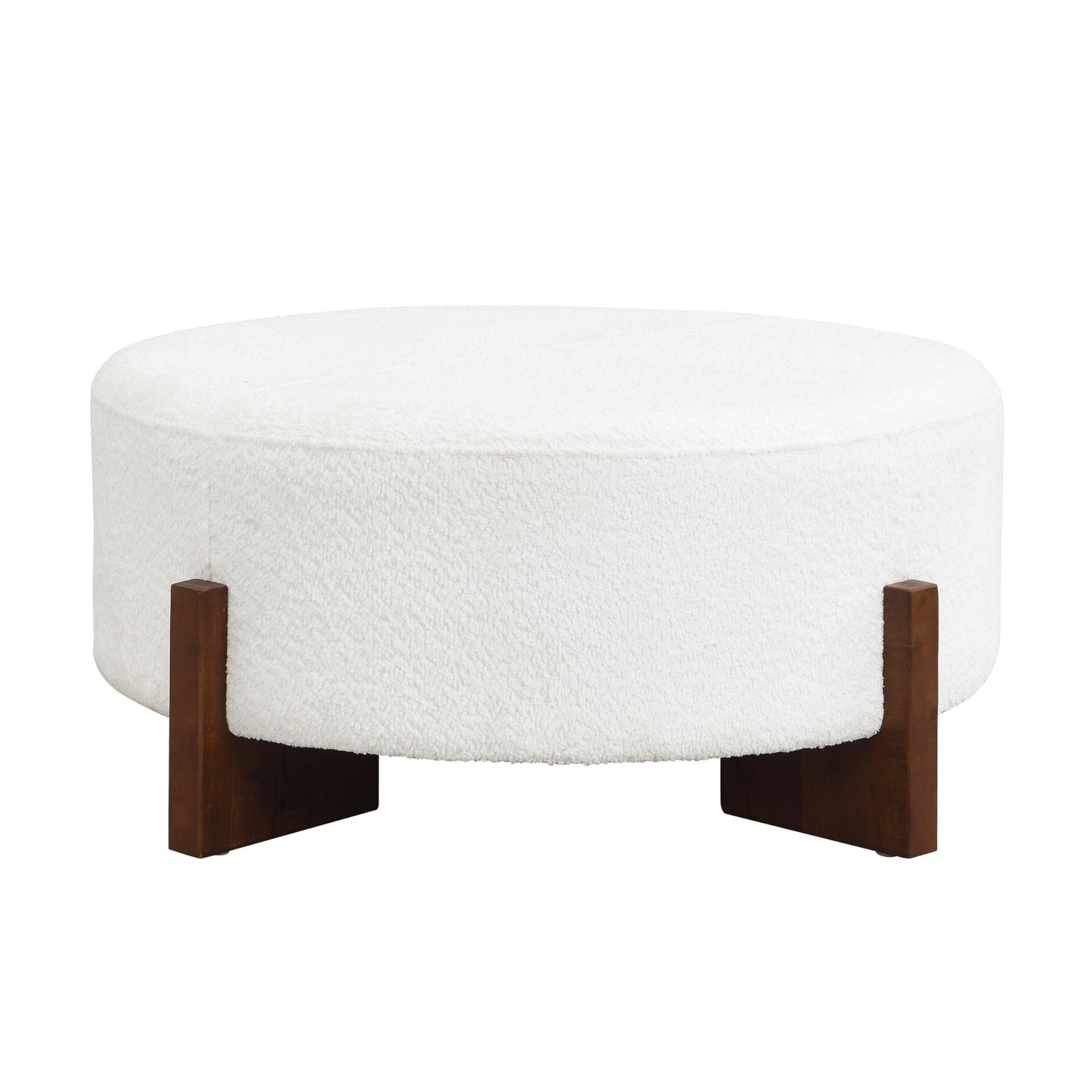 Christopher Knight Home Holmes Modern Boulce Upholstered Ottoman Coffee Table, Wooden Round Cocktail Ottoman, Large Living Room Sofa Footstool/Footrest, White+Walnut