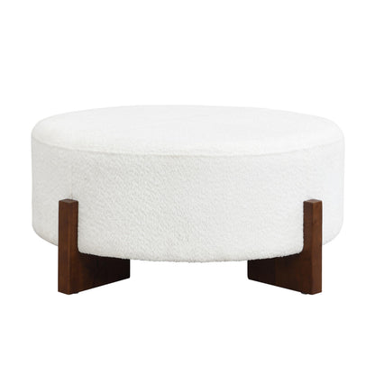 Christopher Knight Home Holmes Modern Boulce Upholstered Ottoman Coffee Table, Wooden Round Cocktail Ottoman, Large Living Room Sofa Footstool/Footrest, White+Walnut
