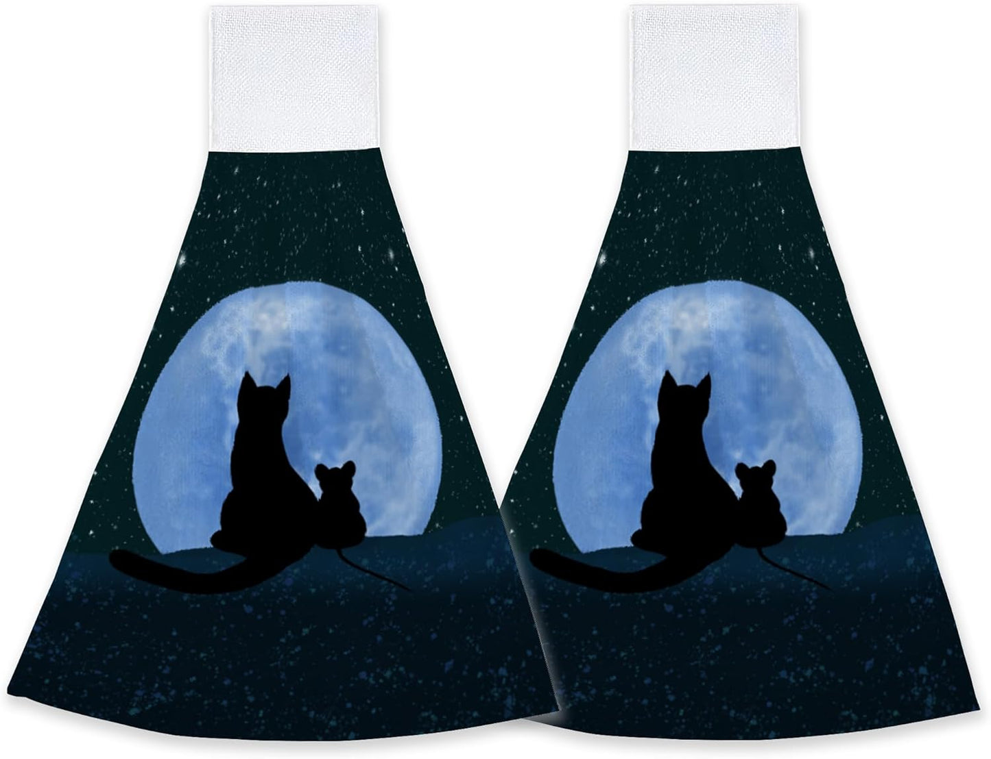 2 12x17 Halloween Decorations Cat Moon Starry Sky Hand Towels Hanging Kitchen Dish Towel with Loop PCS, Soft Super