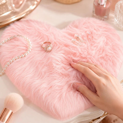 LOGOFUN Nail Background Mat for Pictures Faux Fur Nail Mat for Pictures Heart Shaped Fluffy Nail Cushion for Nail Display Photography - Pink (19.65X17.29X0.39in)