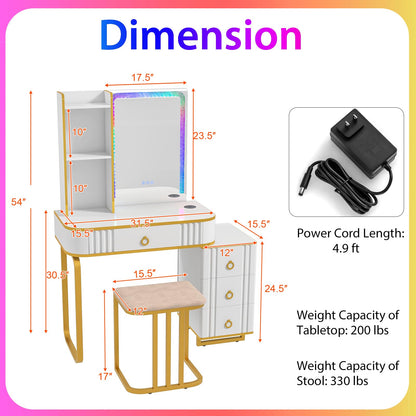 CHARMAID RBG Vanity Desk with Lights and Mirror, 7 Dynamic & 7 Static Modes, White Makeup Vanity Table with 3-Drawer Chest, 3 Shelves, Jewelry Storage Drawer, Girls Dressing Table with Stool