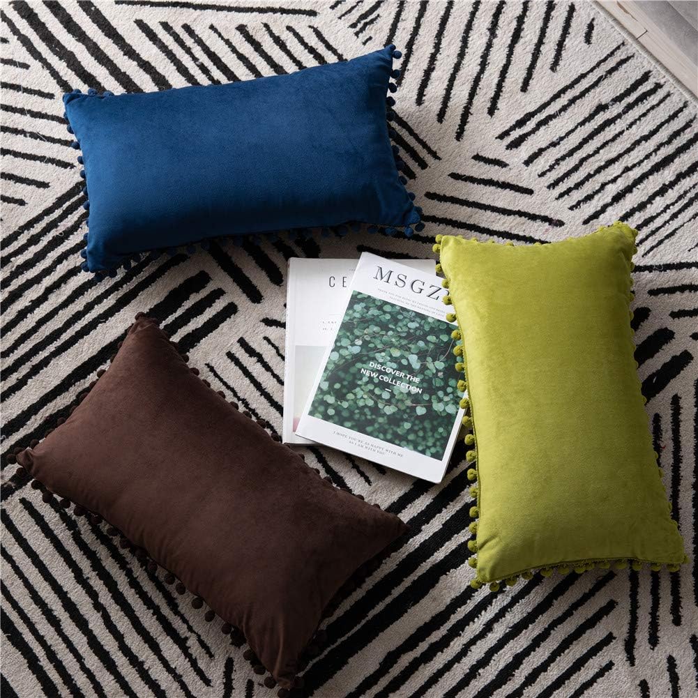 DEZENE Couch Pillow Cases 12x20 Chartreuse: 2 Pack Soft Pom-poms Velvet Rectangular Throw Pillow Covers